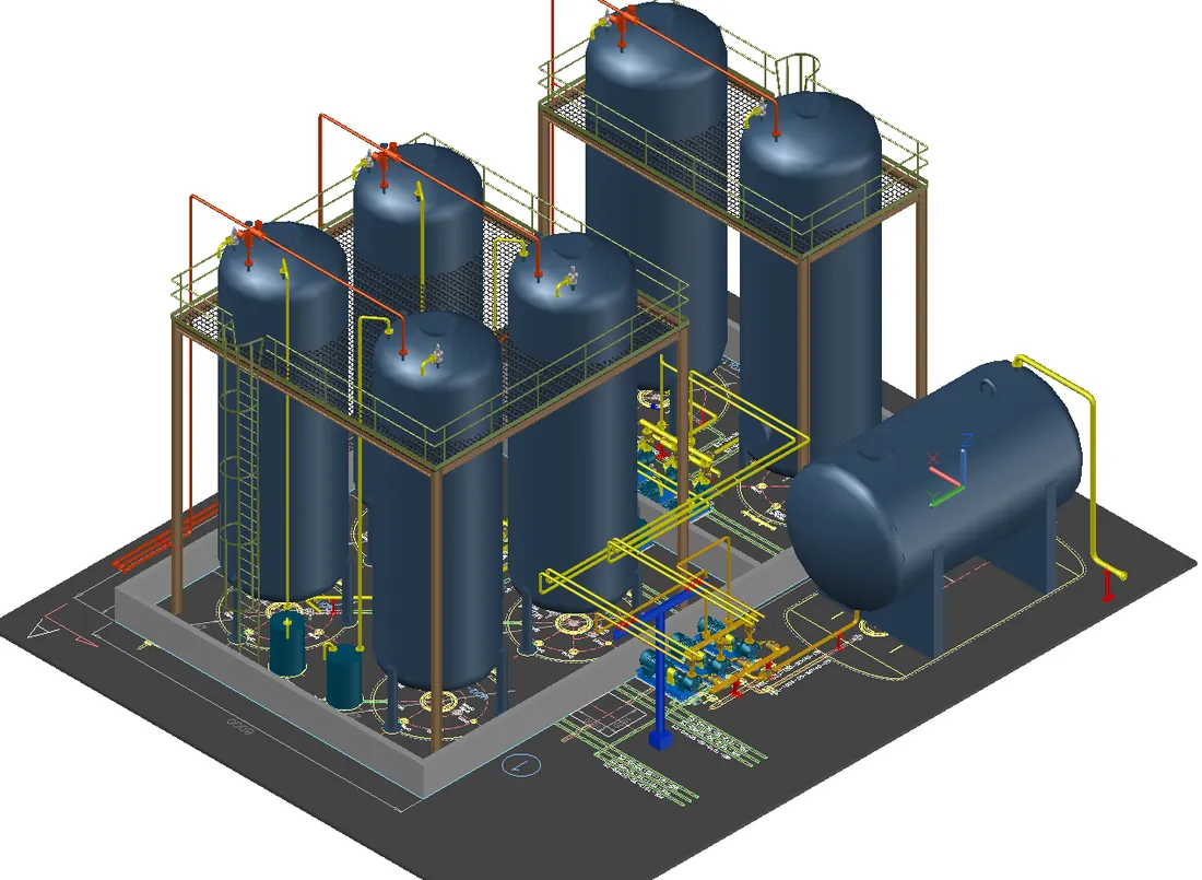 Assan kimyasal depolama tank sahasının borulamayla 3D modeli