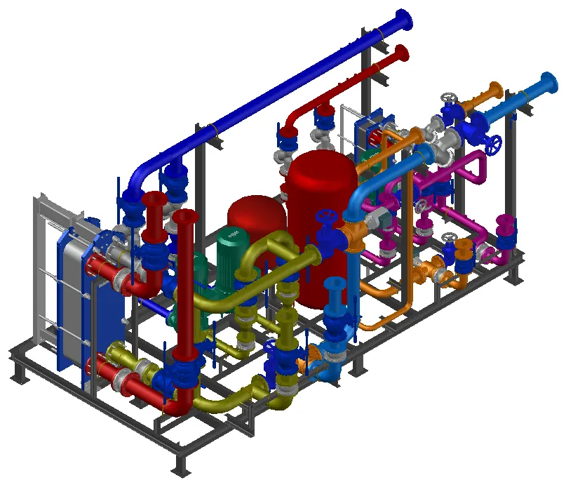 Eşanjörlü ve borulamalı bir kojenerasyon skidinin 3D modeli
