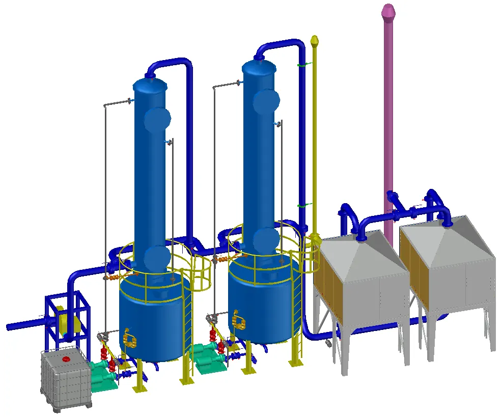 Kolonları ve kanallarıyla bir kimyasal scrubber ünitesinin 3D modeli